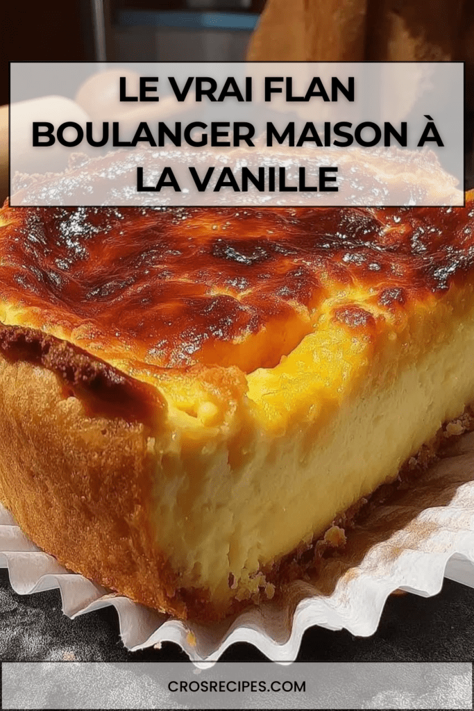 Flan boulanger maison à la vanille sur pâte croustillante, à la surface dorée et légèrement caramélisée, présenté en parts sur une assiette.