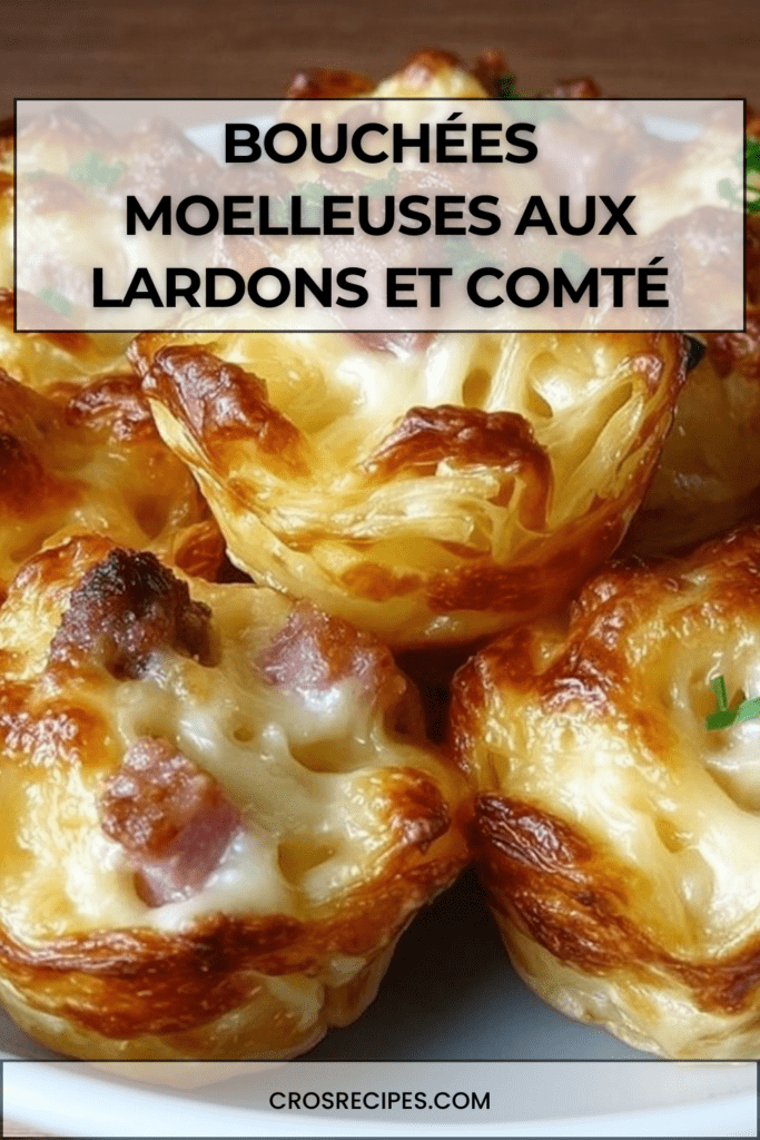 Bouchées moelleuses aux lardons fumés et comté gratiné, dorées au four, servies sur un plateau pour un apéritif maison.