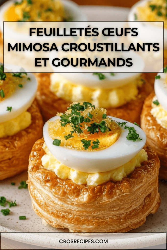 Feuilletés croustillants garnis de crème d’œufs mimosa et décorés de demi-œufs durs, servis sur un plateau pour une entrée élégante.