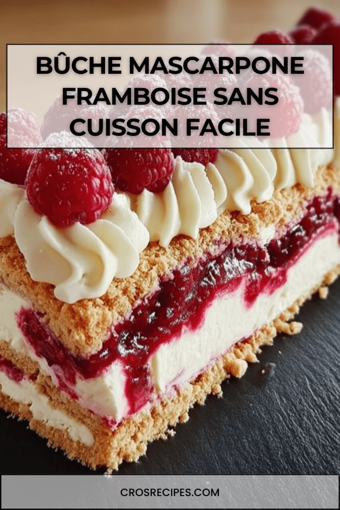 bûche mascarpone framboise avec base biscuitée croustillante, décorée de framboises fraîches et sucre glace.