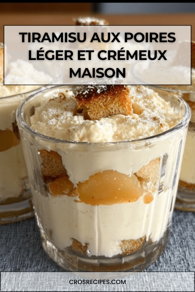 Verrines de tiramisu aux poires avec crème mascarpone onctueuse, biscuits imbibés, morceaux de poires fraîches et légère finition au sucre glace.