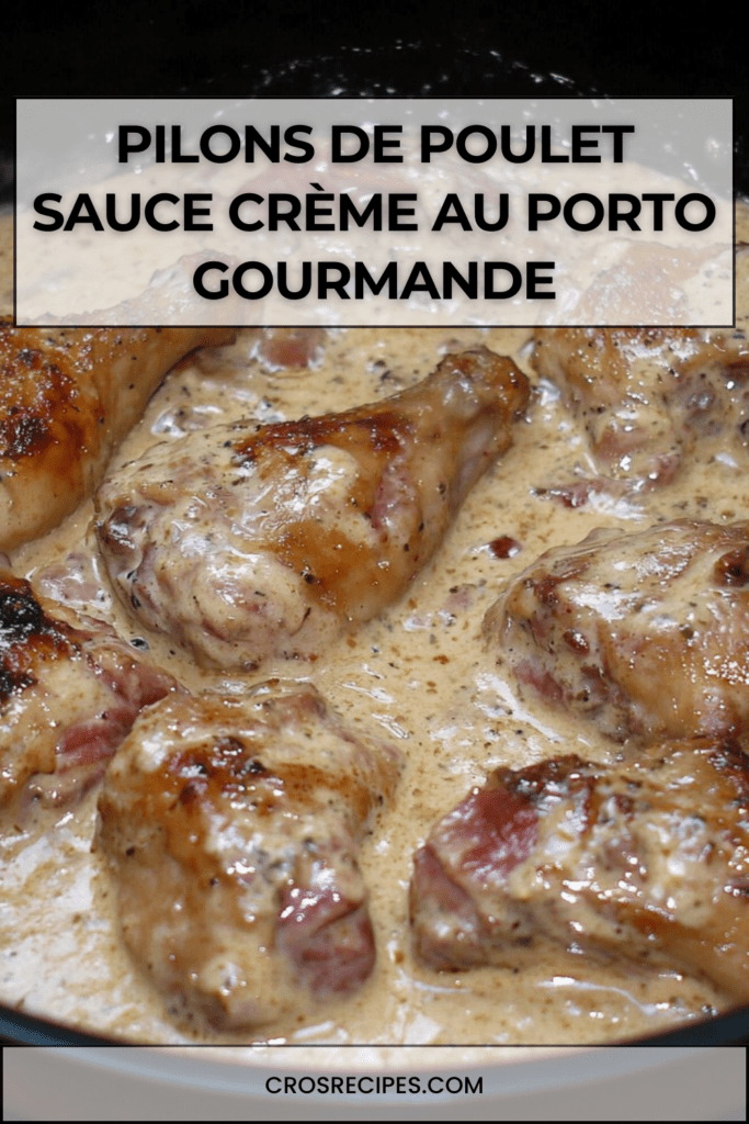 Pilons de poulet dorés nappés d’une sauce crémeuse au Porto avec lardons, persil frais et échalotes dans une poêle rustique.