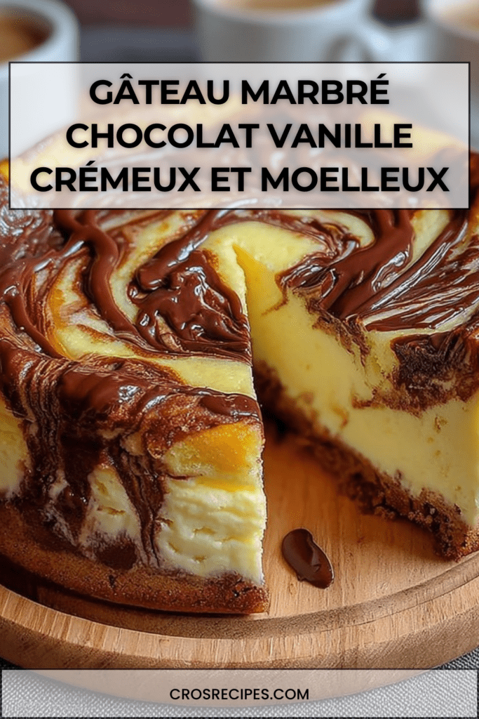 Gâteau marbré chocolat vanille à la texture crémeuse et moelleuse, avec un joli effet marbré et une surface légèrement dorée.