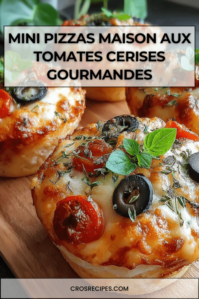 Mini pizzas maison garnies de mozzarella fondante, tomates cerises coupées en deux, olives noires, basilic frais et herbes, servies chaudes sur une assiette.