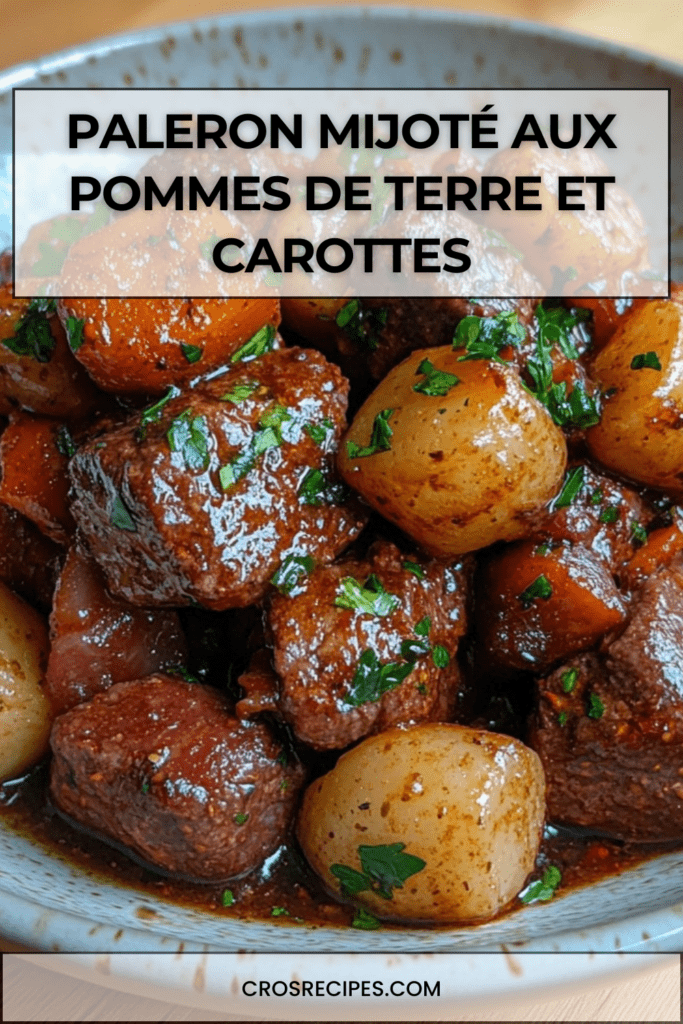 Plat de paleron de bœuf mijoté servi avec pommes de terre fondantes, carottes, petits oignons et sauce brune brillante, parsemé de persil frais.