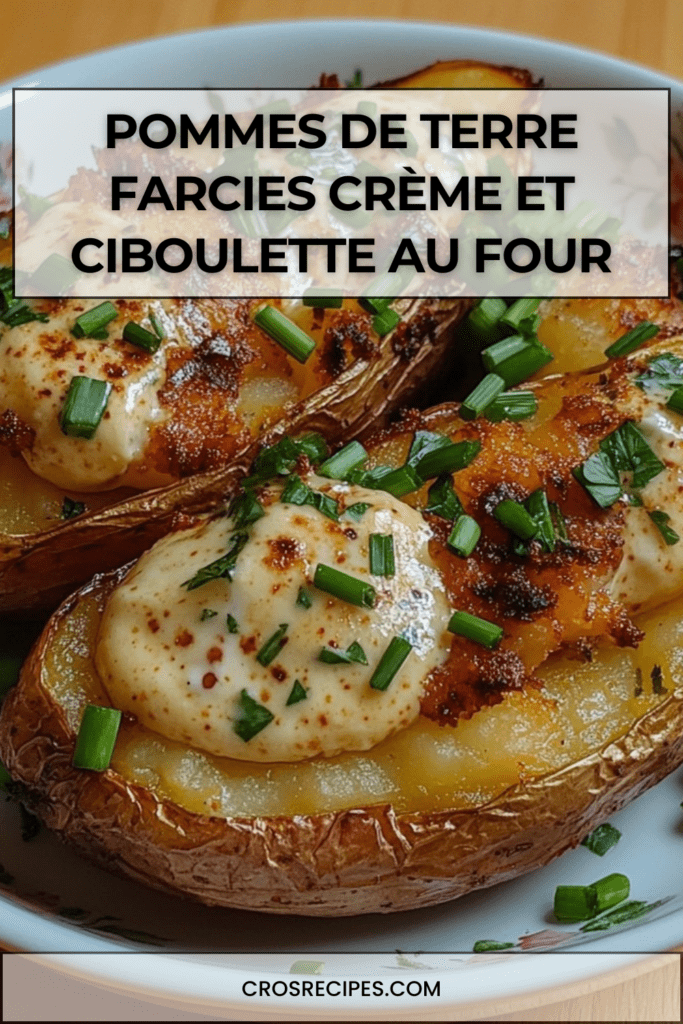 Pommes de terre au four coupées en deux, garnies d’une crème fromagère fondante avec ciboulette fraîche et fromage gratiné doré sur le dessus.