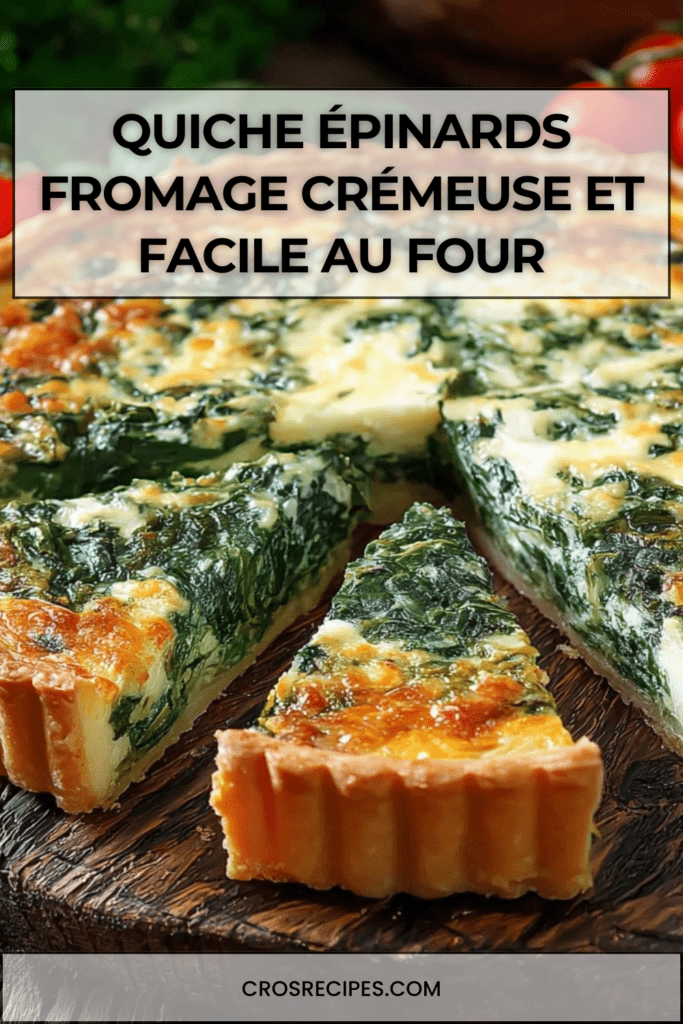 Quiche épinards et fromage dorée au four, avec garniture crémeuse, pâte croustillante et tomates cerises en accompagnement.