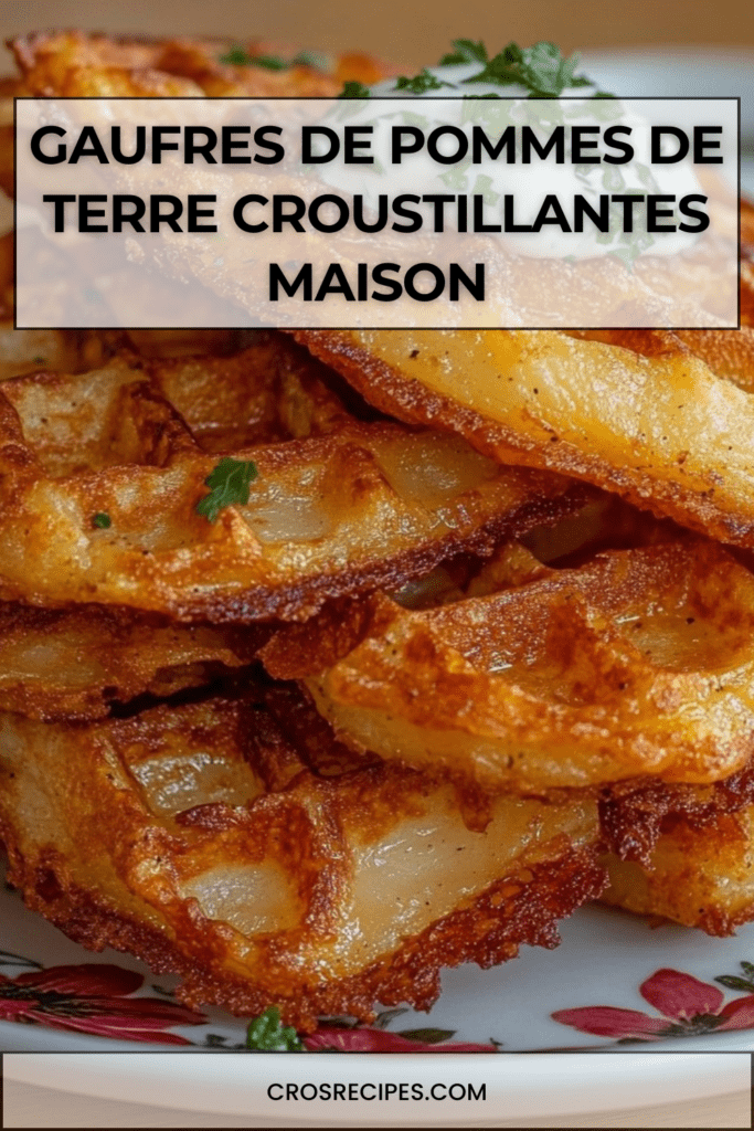 Gaufres de pommes de terre dorées et croustillantes servies avec crème fraîche à la ciboulette et persil frais sur le dessus.