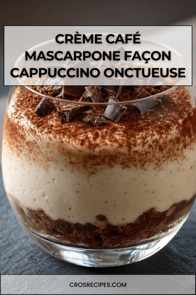 Verrines de crème café mascarpone façon cappuccino avec couche biscuit imbibée, mousse légère et cacao saupoudré sur le dessus.