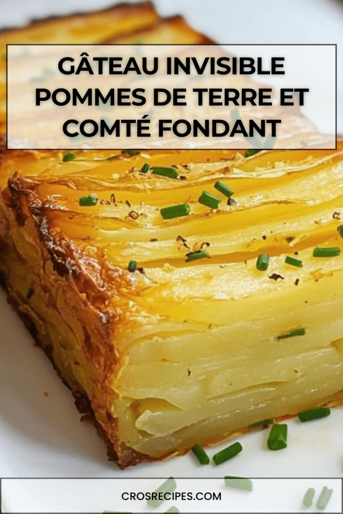 Gâteau invisible salé aux fines lamelles de pommes de terre et comté gratiné, servi en tranches, avec une texture fondante et une finition à la ciboulette fraîche.