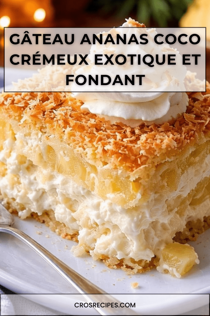 Gâteau ananas coco crémeux avec base moelleuse, crème mascarpone onctueuse, morceaux d’ananas et noix de coco râpée dorée sur le dessus.