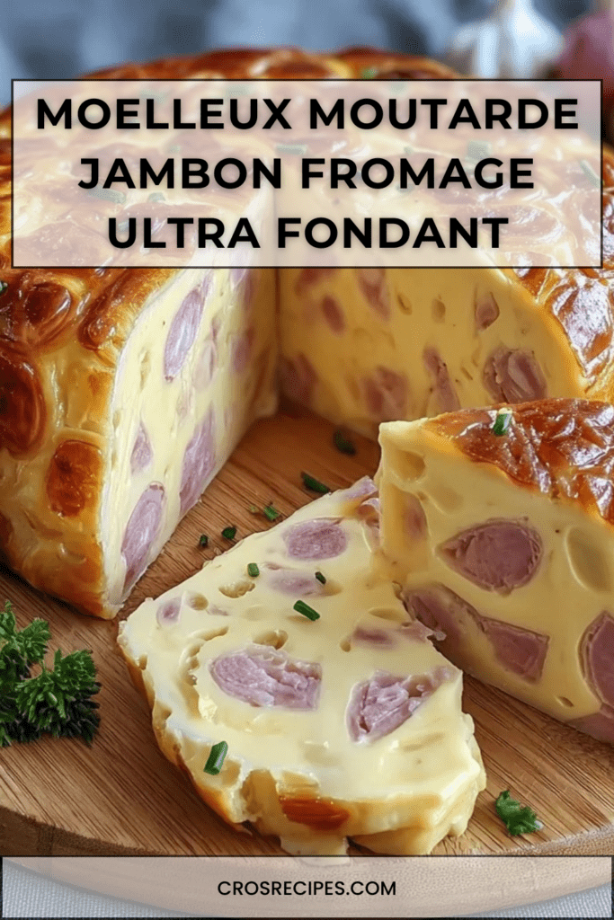 Moelleux salé à la moutarde avec jambon et fromage fondu, texture aérienne et dorée, servi en tranches avec herbes fraîches.