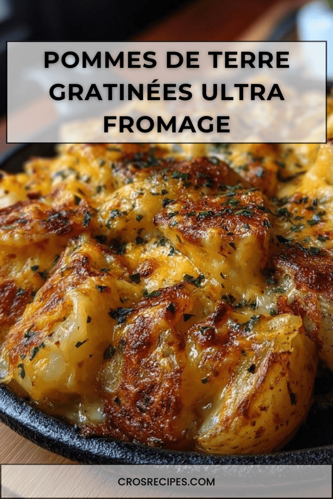Plat de pommes de terre gratinées au four avec fromage fondu doré, crème, ail et persil frais, servi chaud dans un plat rustique.