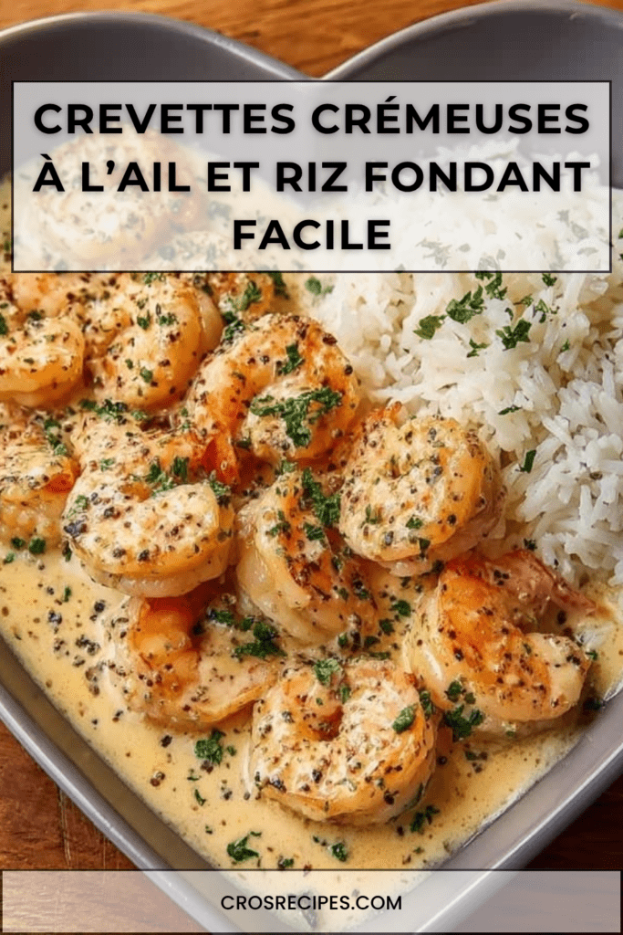 Assiette de crevettes dorées nappées d’une sauce crémeuse à l’ail, servies avec un riz blanc fondant et parsemées de persil frais.