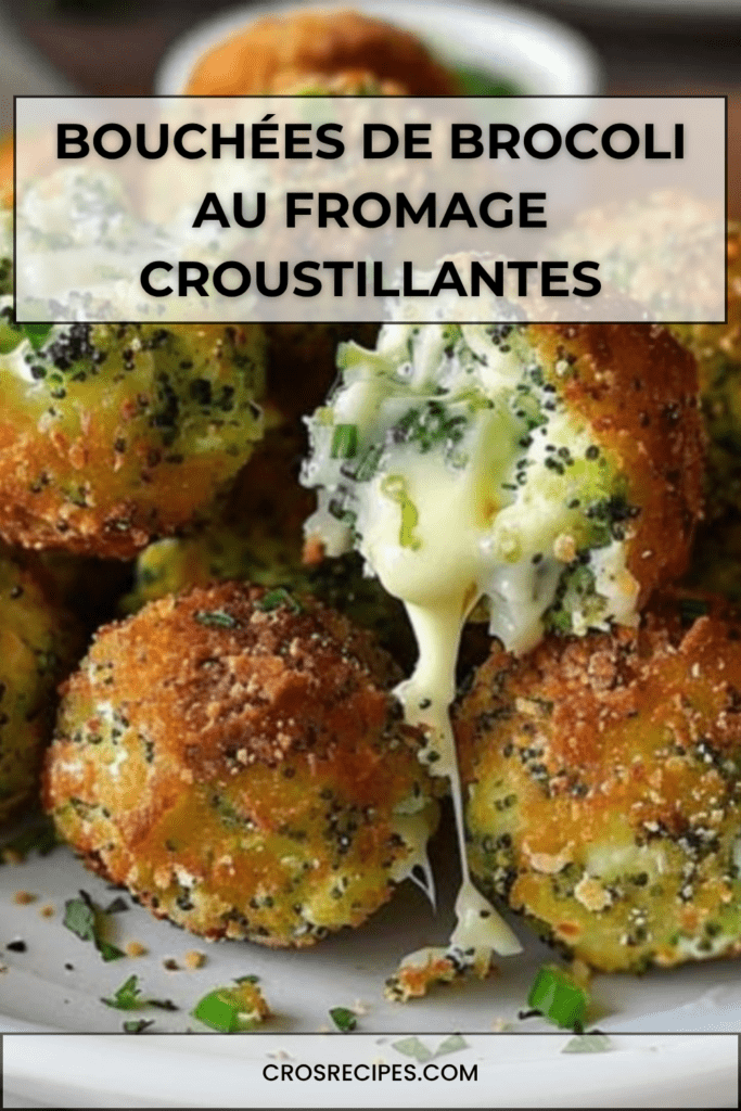 Bouchées de brocoli dorées et croustillantes au fromage, servies chaudes avec une texture fondante et filante à l’intérieur, accompagnées d’une sauce.