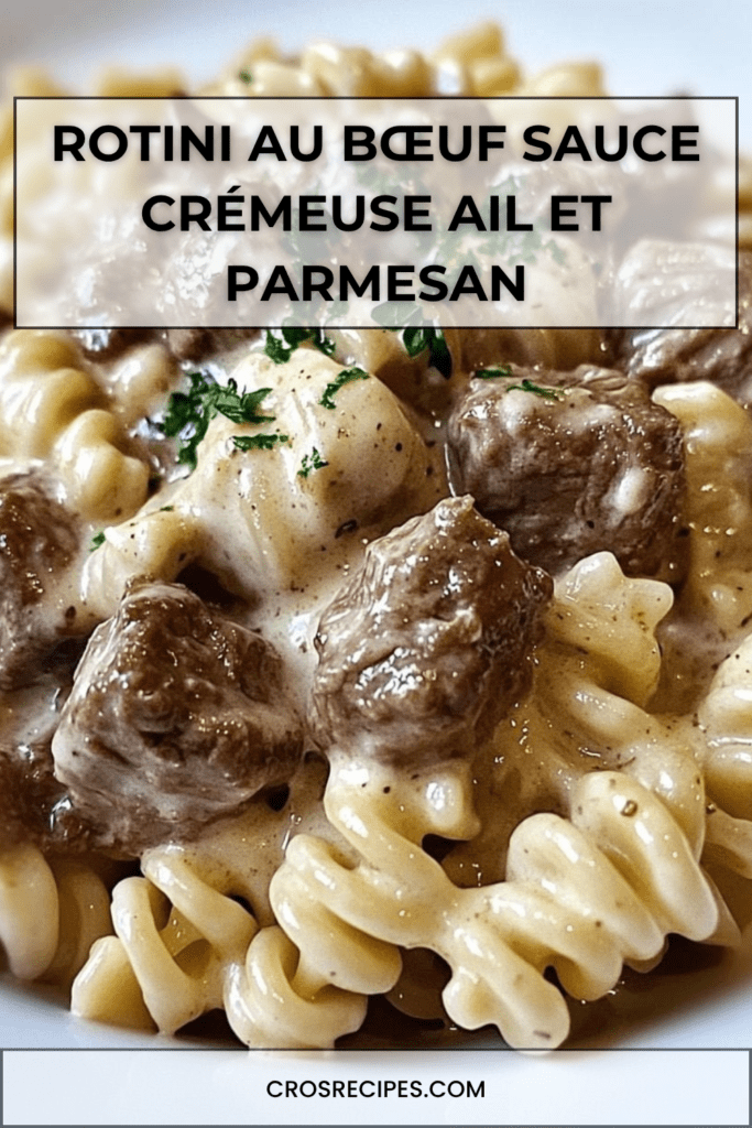Assiette de pâtes rotini au bœuf enrobées d’une sauce crémeuse au parmesan avec morceaux de bœuf dorés, garnies de persil frais et servies chaudes.