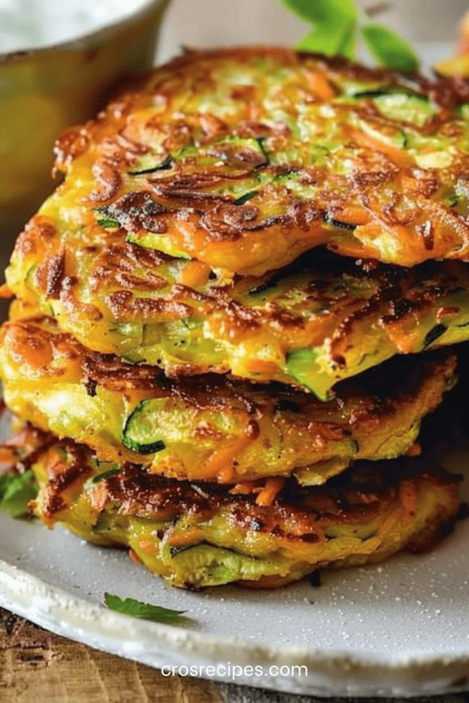 Beignets croustillants de courgettes et carottes dorés à la poêle, servis chauds avec une sauce yaourt citronnée et des herbes fraîches.