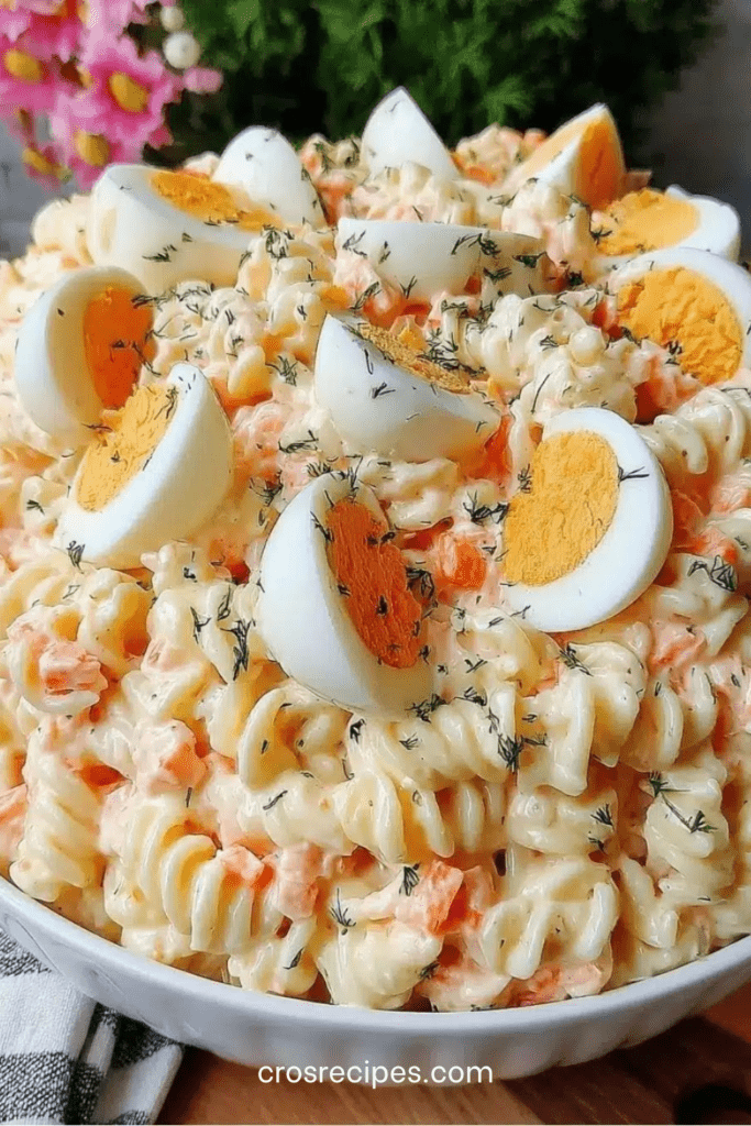 Grand saladier de salade de pâtes au surimi avec œufs durs, carottes, maïs, herbes fraîches et sauce crémeuse citronnée