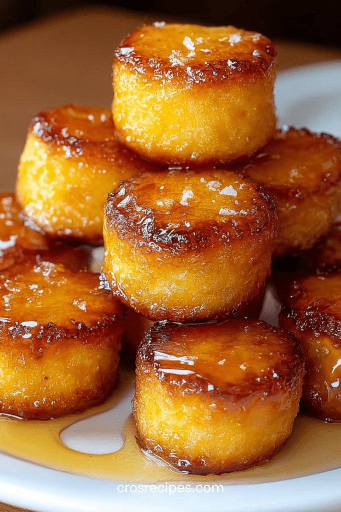 Petites bouchées de pain de maïs dorées, moelleuses à l’intérieur, brillamment glacées au miel et servies chaudes sur une assiette.