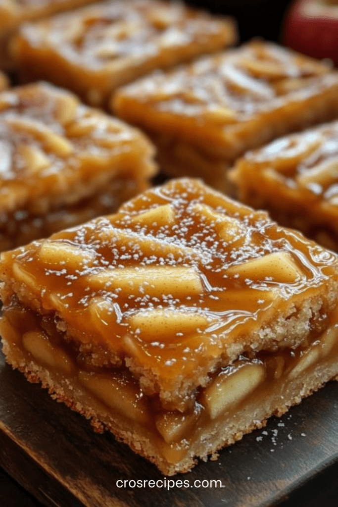 Carrés pommede tarte aux pommes avec base sablée dorée, morceaux de pommes fondants et nappage brillant de caramel au beurre salé.