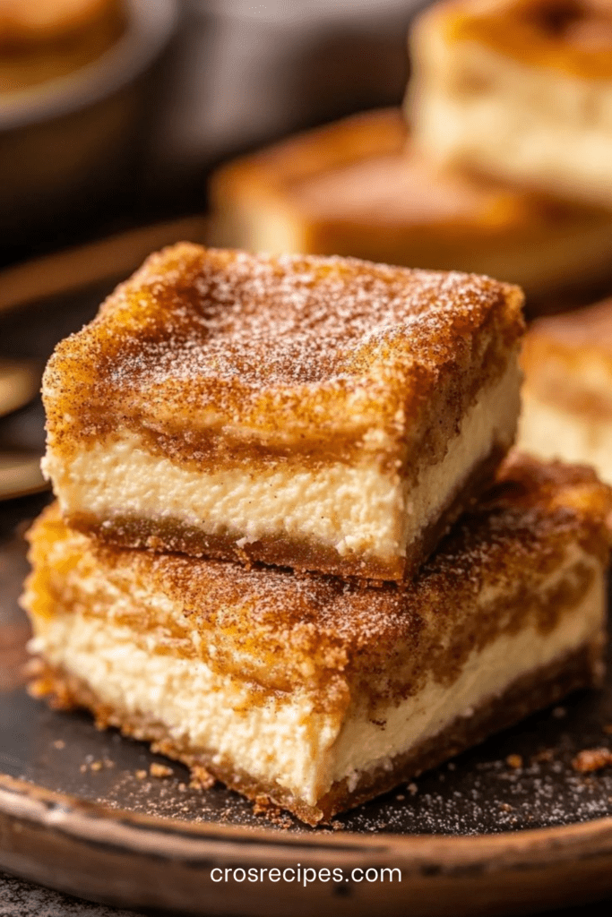 Carrés cheesecake churros dorés avec cœur crémeux au fromage frais et finition sucre-cannelle, servis sur une assiette.