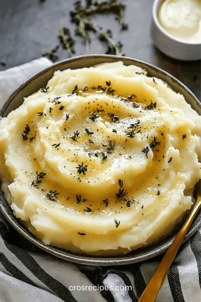 Bol de purée de pommes de terre onctueuse au beurre, décorée de thym frais, avec une texture lisse et crémeuse, légèrement brillante, servie chaude.