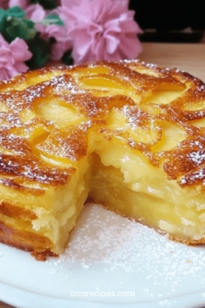 Tarte aux pommes super crémeuse, dorée et légèrement caramélisée, garnie de fines tranches de pommes, saupoudrée de sucre glace sur assiette.