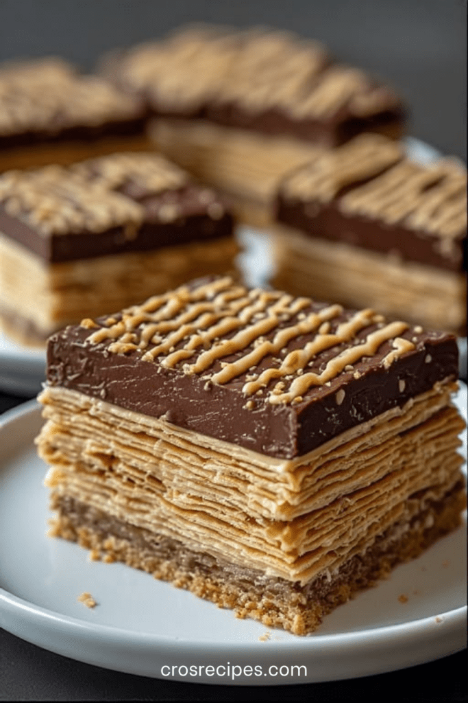 Gâteau Petit Beurre au café monté en couches de biscuits imbibés de café et de crème au beurre, recouvert d’un nappage au chocolat lisse et servi en parts.