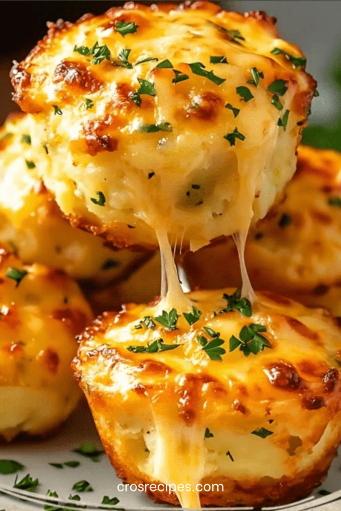 Muffins salés de pommes de terre au fromage, dorés et gonflés, posés sur une grille avec fromage filant, parsemés de persil frais.