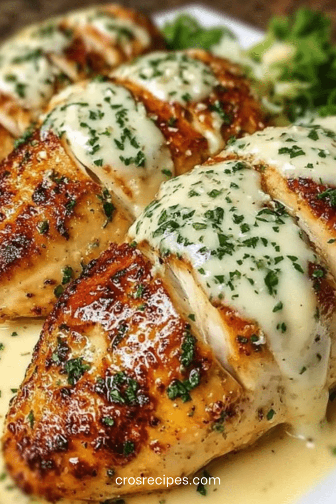 Filets de poulet dorés nappés de sauce crémeuse à l’ail et parmesan, servis dans une poêle avec persil frais et accompagnés de pâtes.