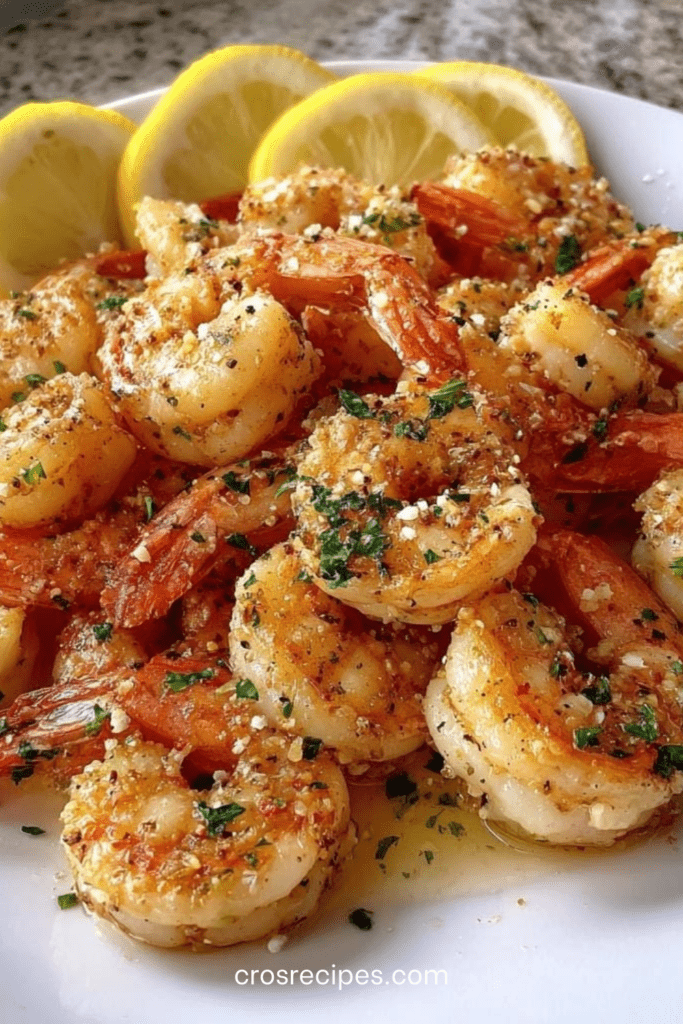 Crevettes sautées à l’ail et citron, dorées dans une poêle, nappées de jus citronné, parsemées de persil frais, avec rondelles de citron.