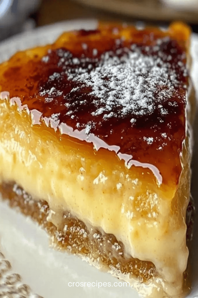 Flan pâtissier caramélisé, épais et crémeux, découpé en parts dans un moule, surface dorée, saupoudré de sucre glace, sur table.