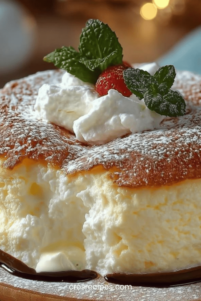 Gâteau nuage au fromage blanc, très léger et doré, saupoudré de sucre glace, découpé en parts sur un plat, mie aérienne visible.