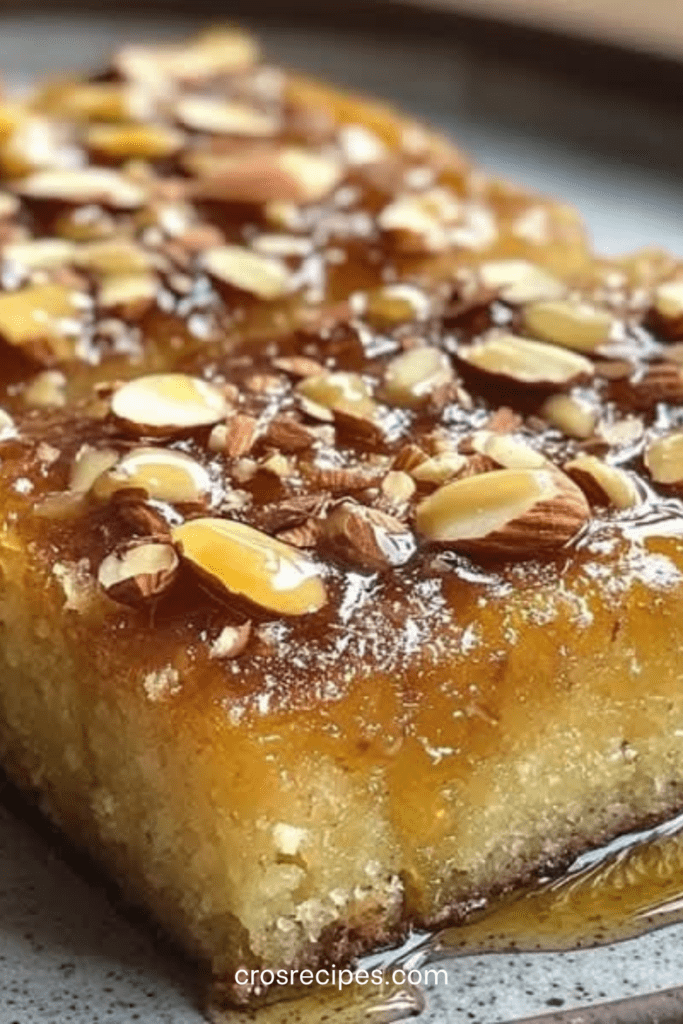 Gâteau moelleux aux amandes imbibé de miel, doré et décoré d’amandes croquantes sur le dessus, servi en part sur une assiette