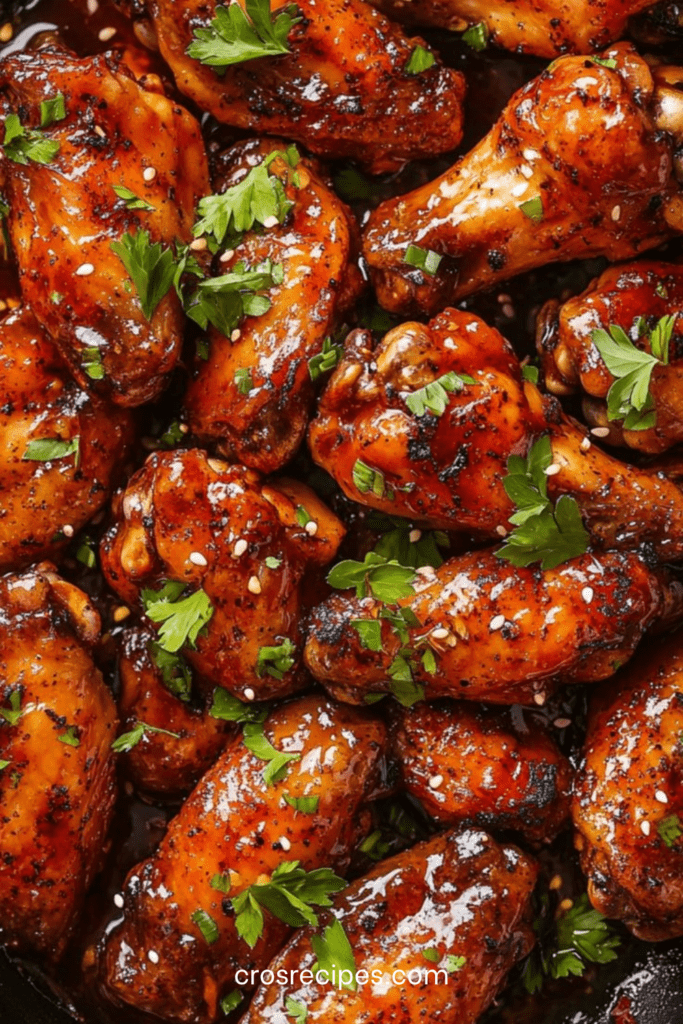 Ailes de poulet caramélisées nappées de sauce sucrée épicée, brillantes, garnies de sésame et herbes fraîches dans une assiette