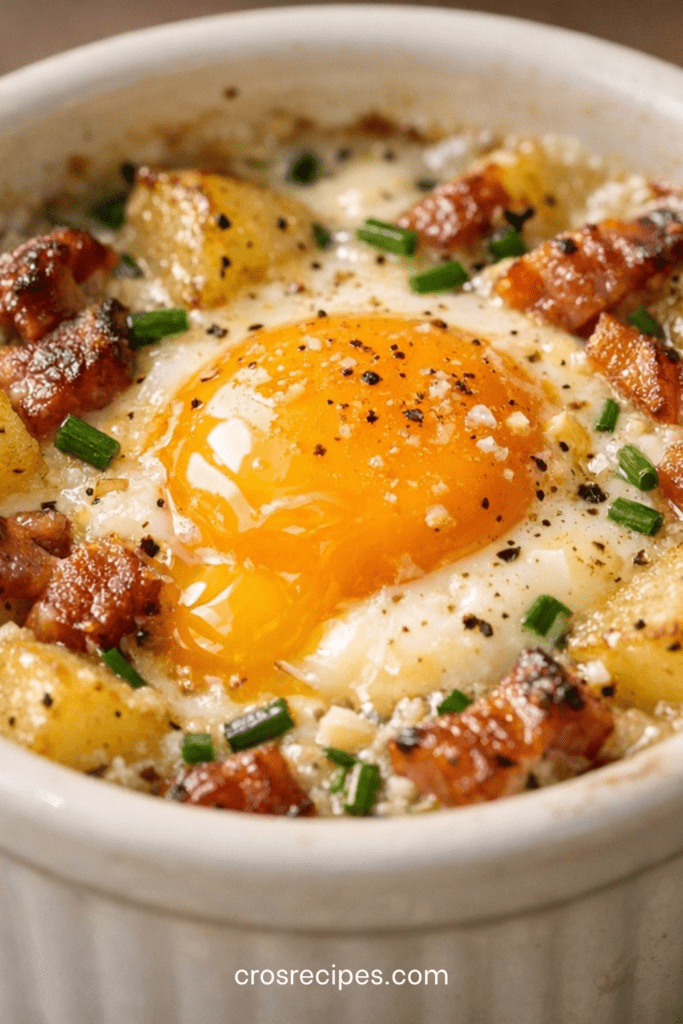 Deux œufs cocotte crémeux servis en ramequins avec pommes de terre fondantes, lard fumé croustillant, ciboulette fraîche et jaune coulant.