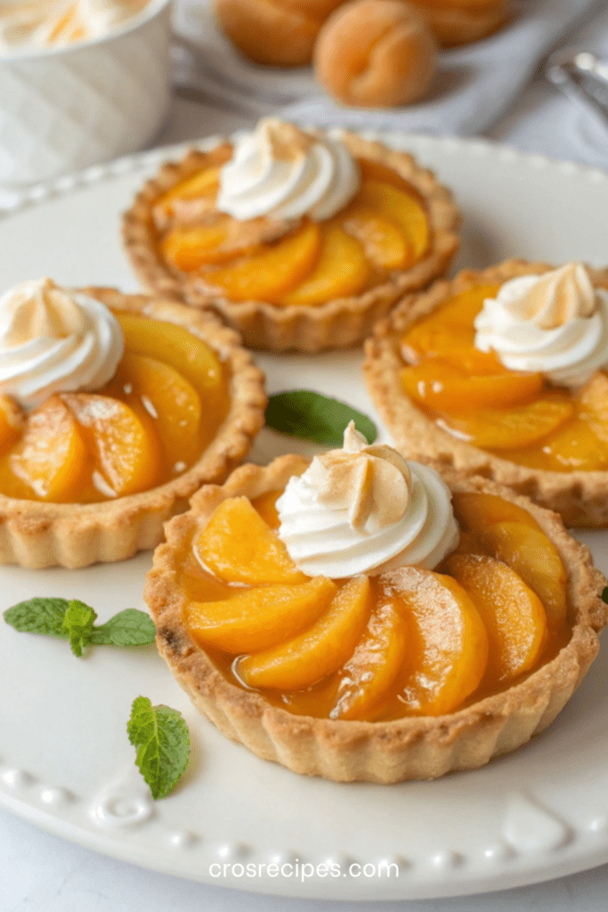 Tartelettes aux pêches et crème légère, garnies de lamelles de fruits frais brillants et d’une crème onctueuse, présentées sur une assiette élégante.