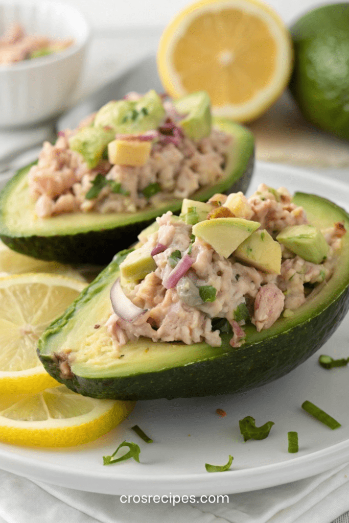 Avocats farcis au thon crémeux avec yaourt grec, citron et cornichons, servis frais avec une texture onctueuse et une présentation élégante.