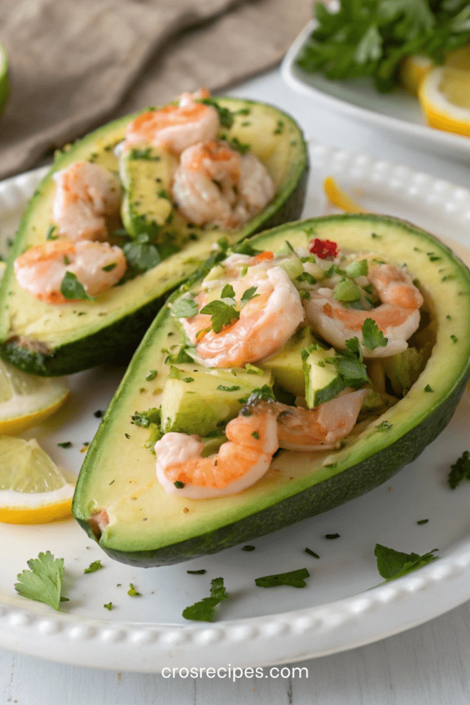 Avocats farcis aux crevettes citronnées avec yaourt grec et aneth, servis bien frais, texture crémeuse et garniture savoureuse.