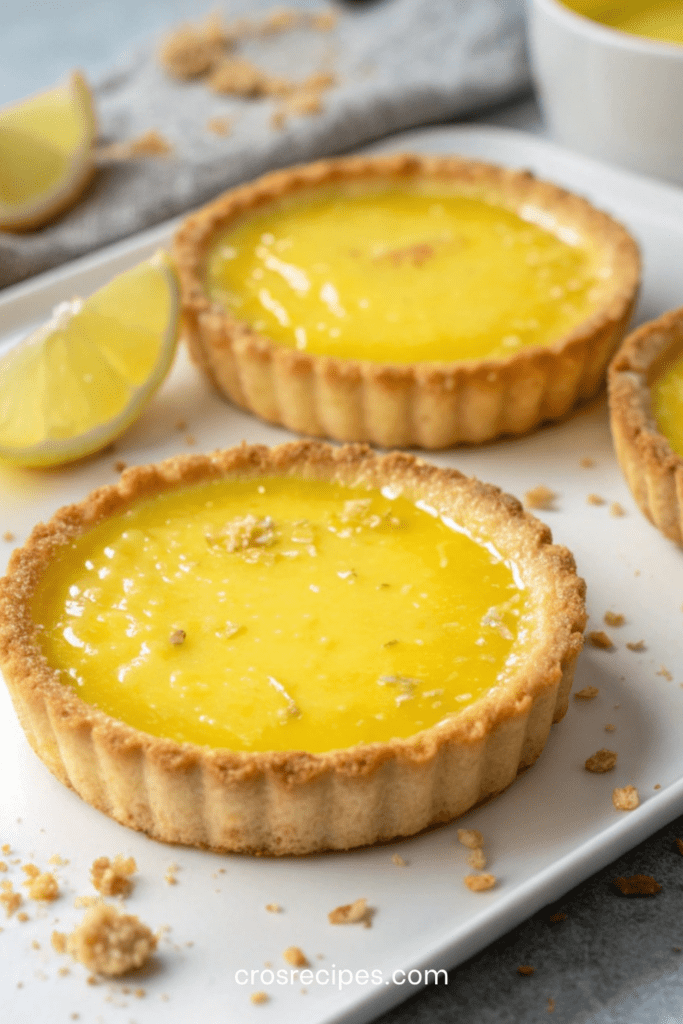 Tartelettes au citron garnies d’une crème lisse et brillante, décorées de zestes de citron frais, présentées sur une assiette élégante.