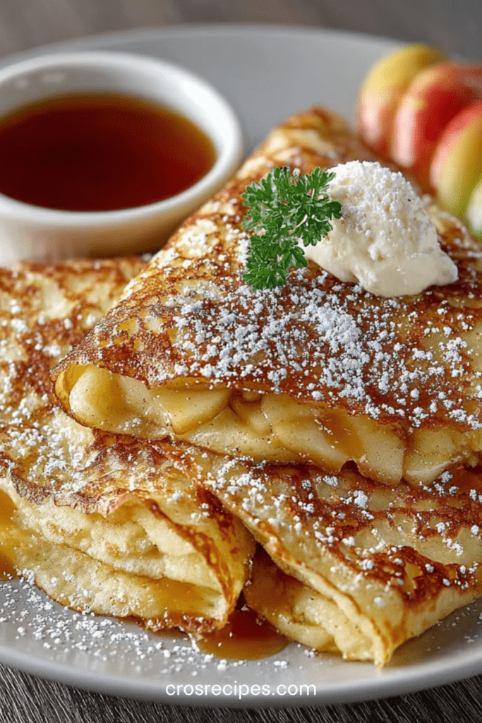 Crêpes aux pommes caramélisées fondantes, saupoudrées de sucre glace et nappées de sirop d’érable, servies chaudes.