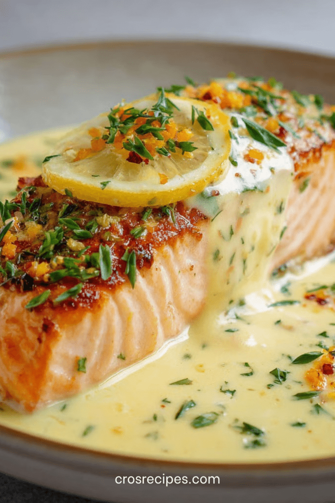 Pavés de saumon au four nappés d’une sauce crémeuse au citron, garnis de rondelles de citron et d’herbes fraîches dans un plat de cuisson.
