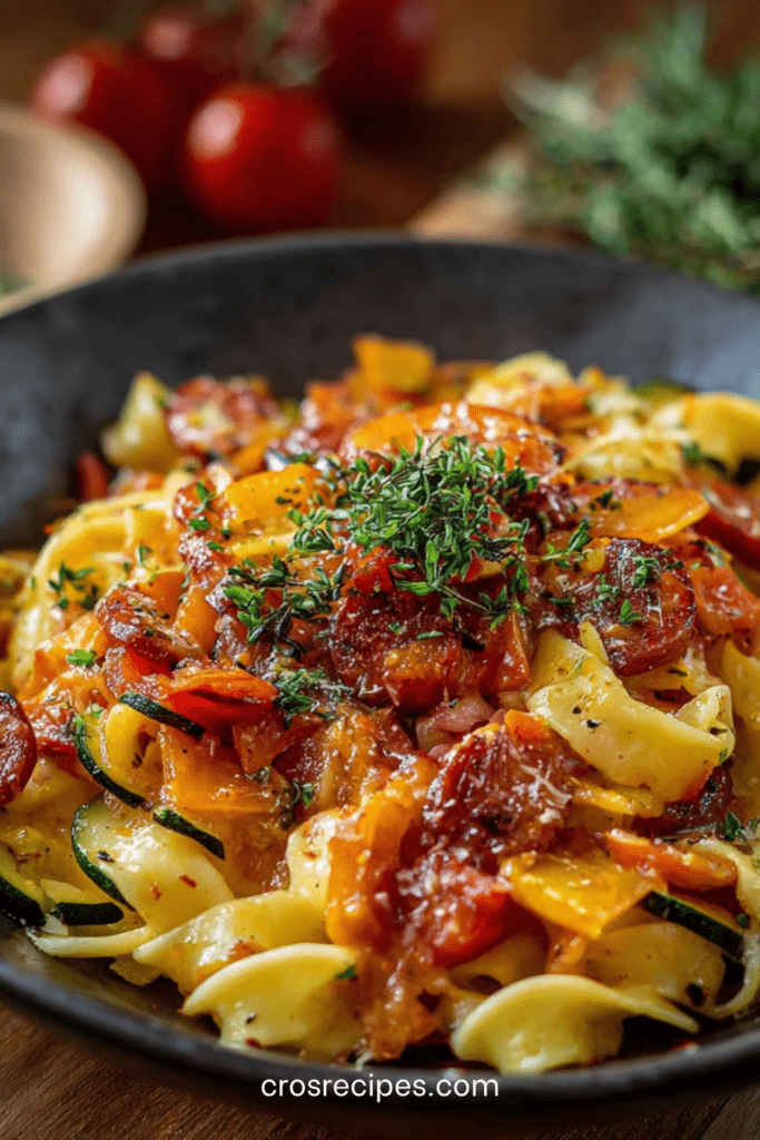 Assiette de pâtes aux légumes sauce tomate avec courgette, poivron, carotte et parmesan râpé, servie chaude dans un plat convivial.