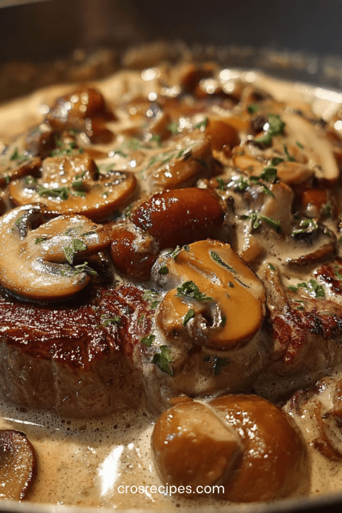 Joues de bœuf mijotées avec champignons dans une sauce crémeuse, servies chaudes avec persil frais dans une cocotte rustique.