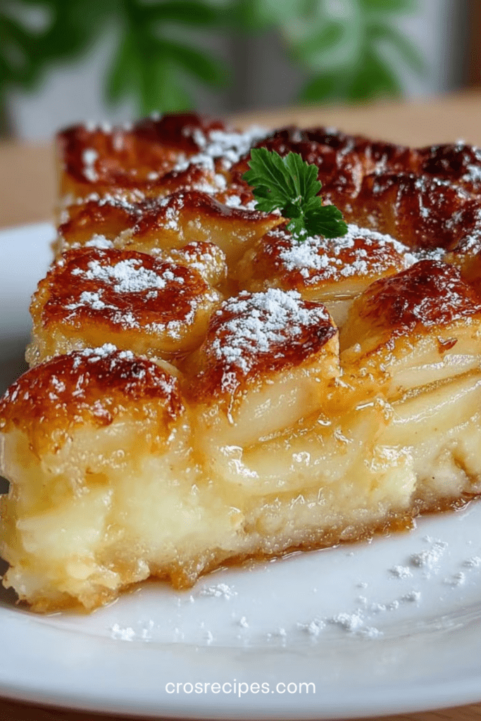 Tarte aux pommes crémeuse dorée au four avec lamelles de pommes fondantes et surface légèrement caramélisée, saupoudrée de sucre glace.