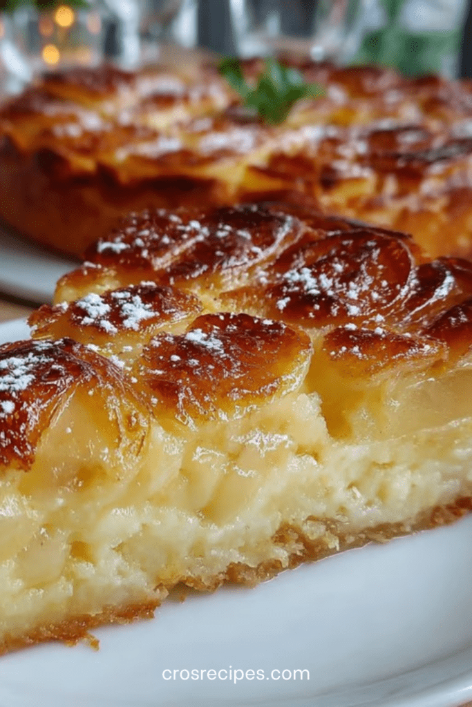 Tarte aux pommes crémeuse dorée au four avec lamelles de pommes fondantes, crème prise et surface légèrement caramélisée, saupoudrée de sucre glace.