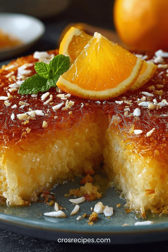 Gâteau grec à l’orange et noix de coco imbibé de sirop, texture moelleuse, décoré de zestes d’orange et de coco râpée sur le dessus.