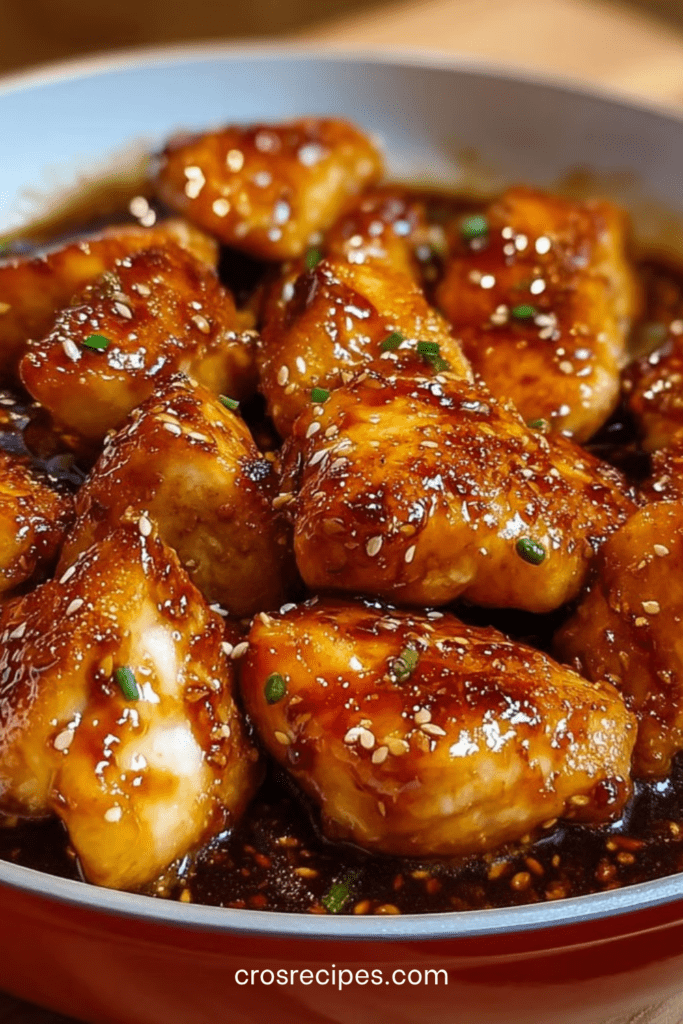 Morceaux de poulet teriyaki brillants nappés de sauce sucrée-salée, garnis de graines de sésame et d’oignons verts, servis avec du riz.