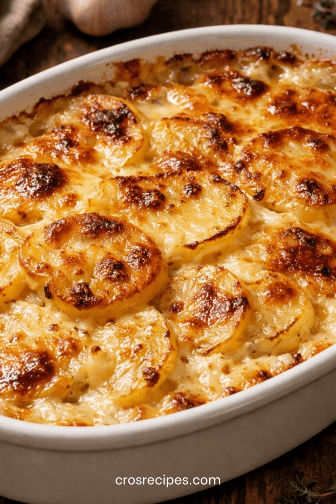 Gratin dauphinois traditionnel servi dans un plat en céramique, avec fines rondelles de pommes de terre fondantes, crème onctueuse et surface légèrement dorée.