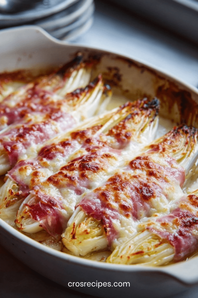 Roulés d’endives au jambon nappés de sauce béchamel et gratinés au four, servis dans un plat doré avec fromage fondu et surface légèrement croustillante.